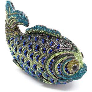 Women Blue Super Mini Fish Evening Crystal Clutch Purse Wedding Party Handbags
